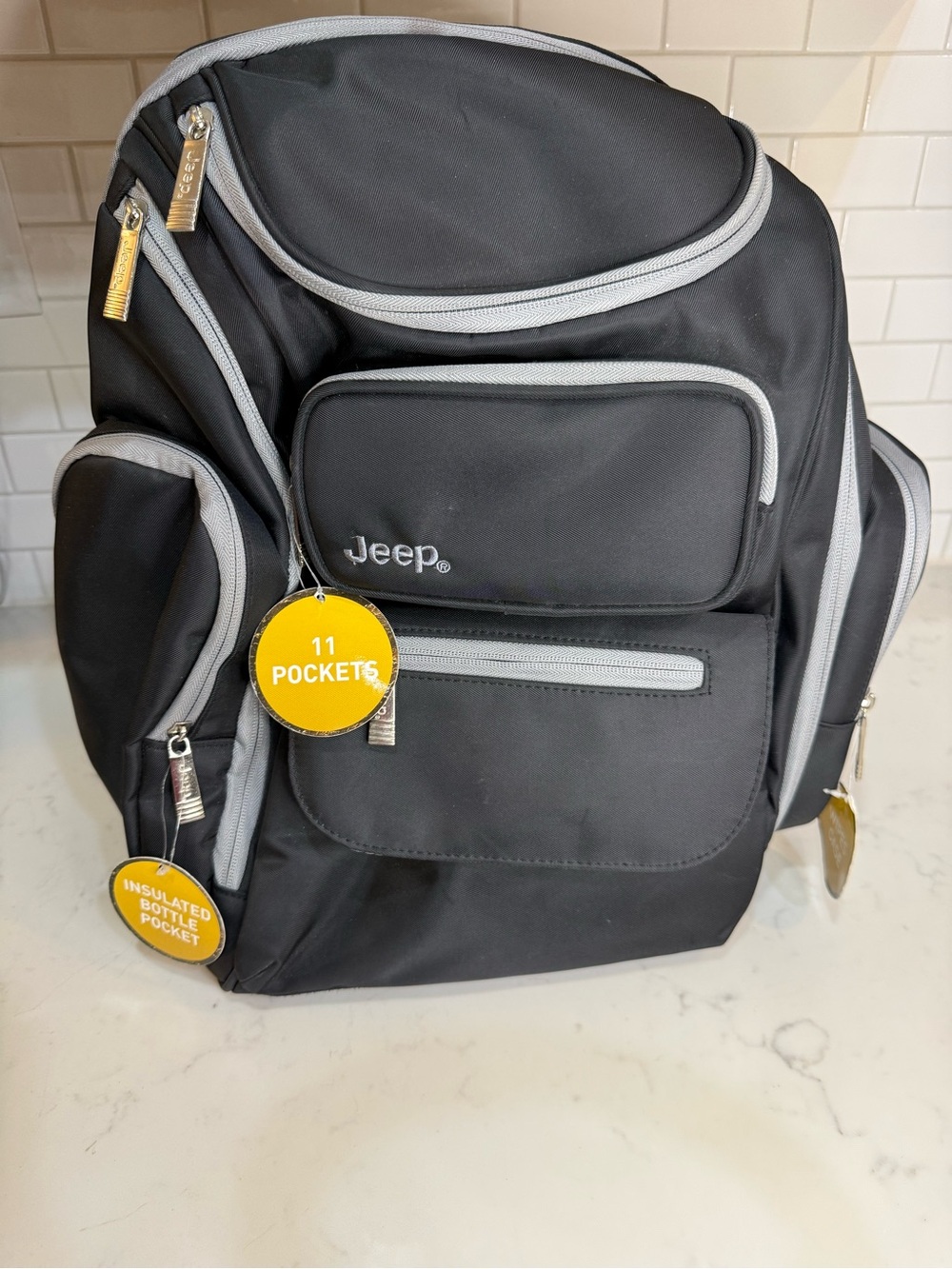 Jeep Perfect Pockets Baby Diaper Bag Backpack Black Gray 11 Pocket Insulated NWT